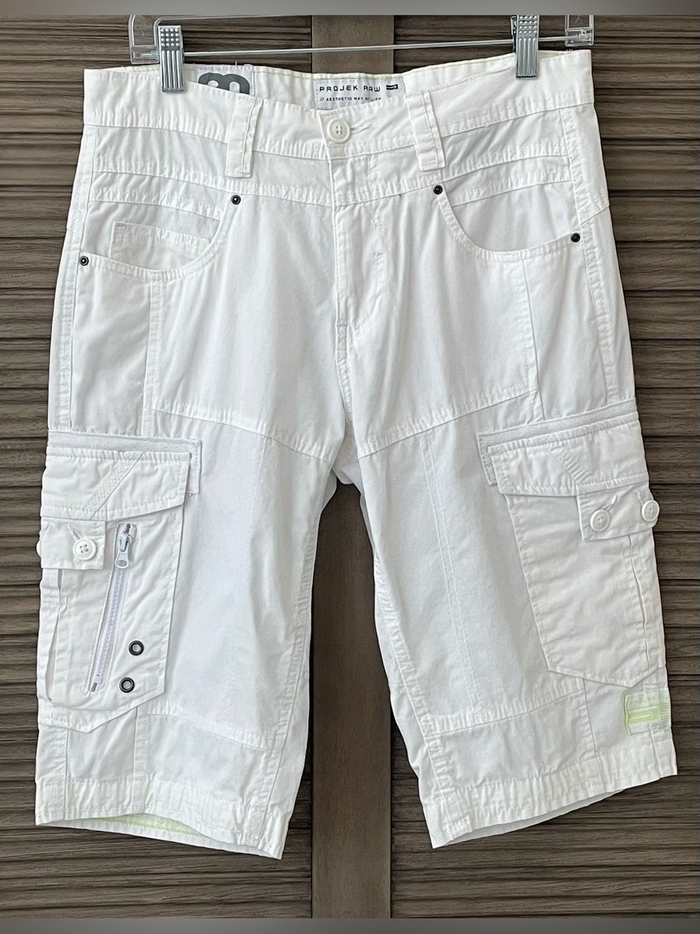 NWOT Projek Raw 100% Cotton White Men's Cargo Shorts Size 30W